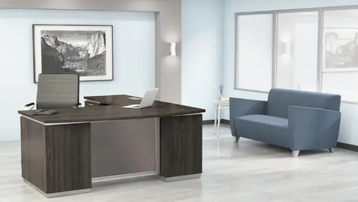 bow front l shape desk with drawers image